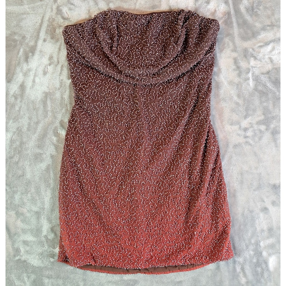 Oh Polly Basel Embellished Strapless Cowl Mini Dress Rust Brown Beaded Womens 10